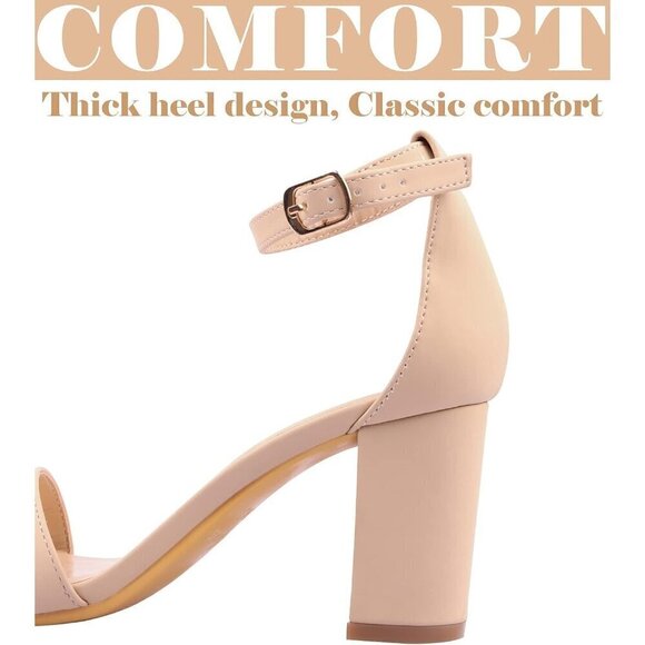 Women Cream Ankis Heels Open Toe Ankle Strap Chunky Heel Sandals 2.75 Inch - Picture 5 of 7